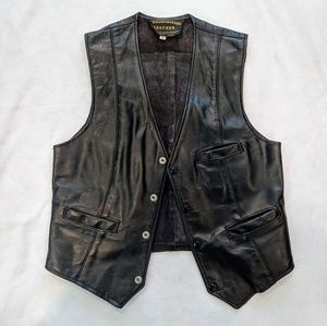 Vintage Black Genuine Leather Vest with Pockets
